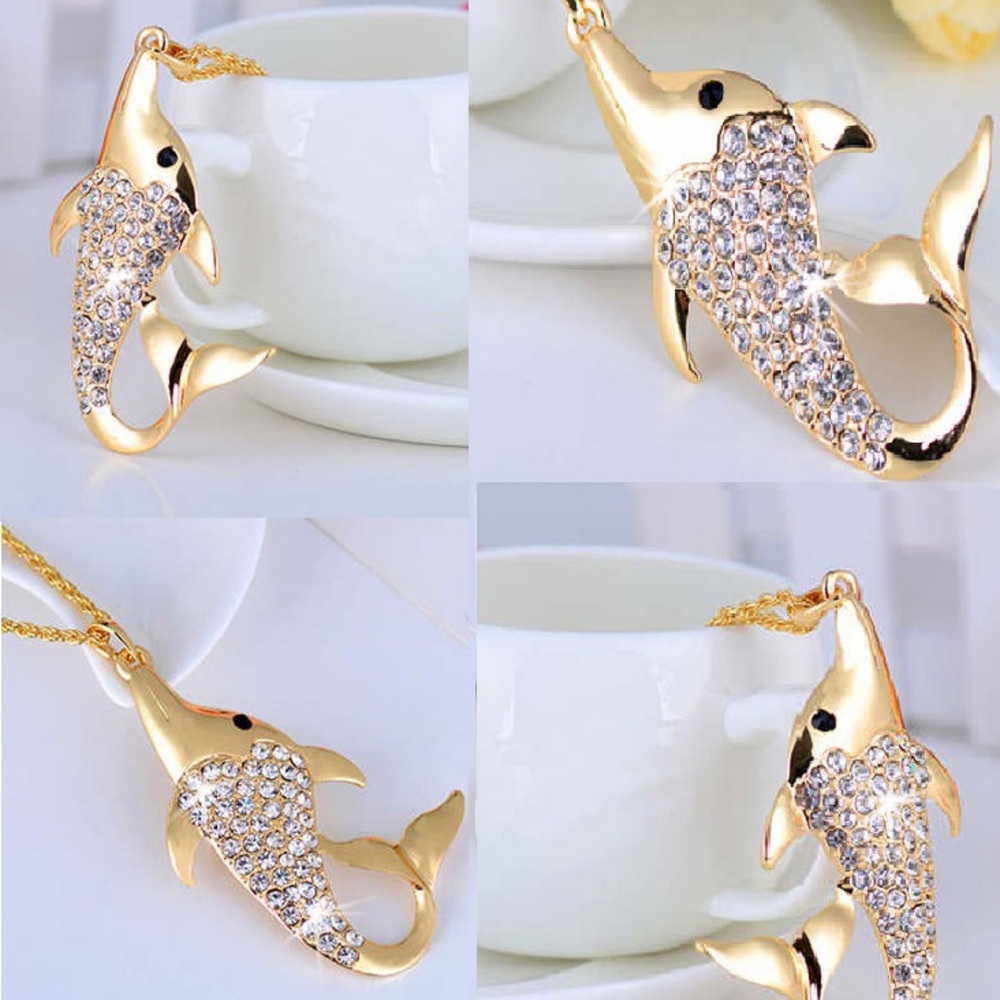 Pave Set Crystal Florida DOLPHIN Pendant Chain fish, ocean pendant Necklace Gold - Picture 7 of 7